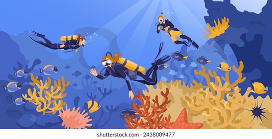 Scuba diving on the bottom of the sea. Beautiful seascape fauna, fish. corals and algae. Divers are exploring ocean nature. Concept of exploration and development. Vector illustration