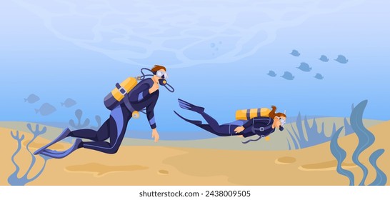 Scuba diving on the bottom of the sea. Beautiful seascape fauna, corals, fish and algae. Divers are exploring ocean nature. Concept of exploration and development. Vector illustration