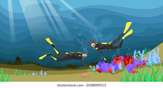 Scuba diving on the bottom of the sea. Beautiful seascape fauna, corals and algae. Divers are exploring ocean nature. Concept of exploration and development. Vector illustration