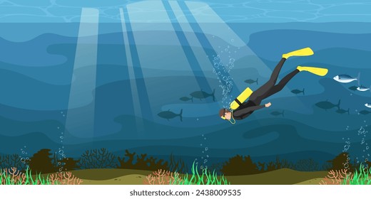 Scuba diving on the bottom of the sea. Beautiful seascape fauna, corals, fish, algae. Diver exploring ocean nature. Concept of exploration and development. Vector illustration