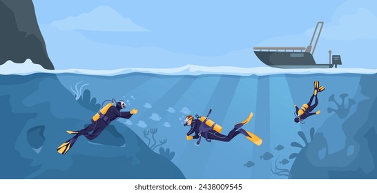 Scuba diving on the bottom of the sea in cold water from the boat. Beautiful seascape fauna, corals, algae. Divers exploring ocean nature. Concept of exploration and development. Vector illustration