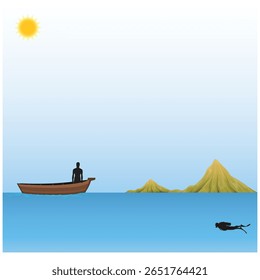Scuba diving on the bottom of the sea in cold water from the boat. Beautiful seascape fauna, corals, algae. Divers exploring ocean nature. Concept of exploration and development. Vector illustration