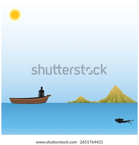 Scuba diving on the bottom of the sea in cold water from the boat. Beautiful seascape fauna, corals, algae. Divers exploring ocean nature. Concept of exploration and development. Vector illustration