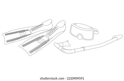 Scuba diving outline from black lines isolated on white background. Fins, mask and snorkel. 3D. Vector illustration.