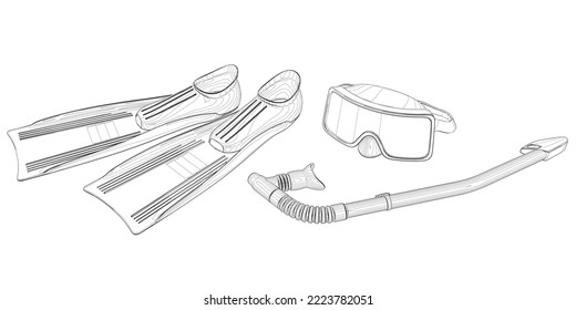 Scuba diving outline from black lines isolated on white background. Fins, mask and snorkel. 3D. Vector illustration.