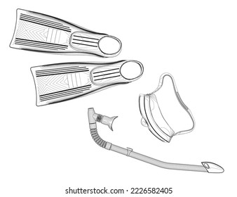 Scuba diving outline from black lines isolated on white background. Fins, mask and snorkel. 3D. Vector illustration.