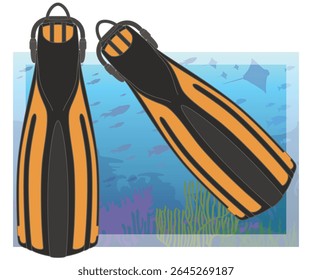 scuba diving, pair of diving fins with a tropical ocean with coral and fish in the background