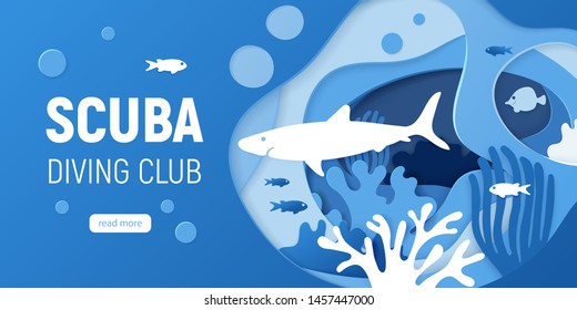 Scuba diving. Paper art. Paper cut underwater background with coral reefs. Vector illustration