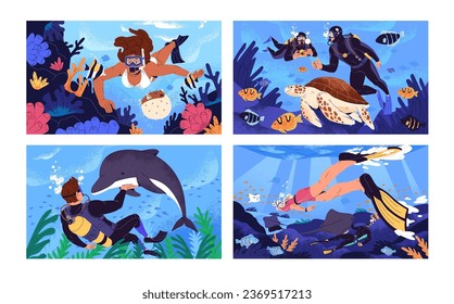 Buceo en Scuba. Gente disfrazada, aletas nadando bajo el agua, observación de la fauna marina, arrecife de coral. Buceadores con tortuga, peces exóticos, tonidez, delfín, fugú. Deporte extremo. Ilustración vectorial plana de Seascape