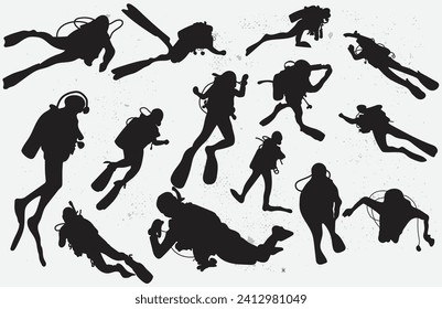 Scuba diving people hobby silhouette set