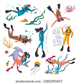 Scuba diving people wearing equipment and costumes and flippers for swimming underwater. Exploring bottom of ocean or sea, flora and fauna diversity and beauty of dwellers. Vector in flat style
