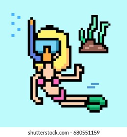 scuba diving. Pixel Art. Elements Design. Illustration and icon.