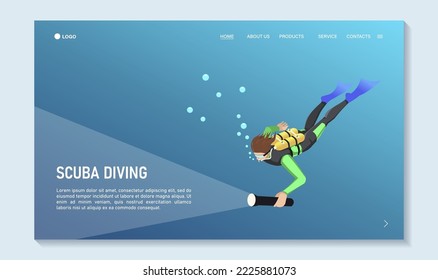 Scuba diving poster. Extreme diver with flashlight. Snorkeling template isometric concept. Traveling, touristic sport activity, summer underwater hobby landing page for web design. Vector illustration