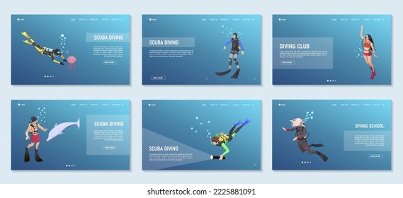 Scuba diving poster. Snorkeling set template isometric concept. Traveling, touristic, sport activity, summer underwater hobby landing page for web design. Extreme people, divers. Vector illustration