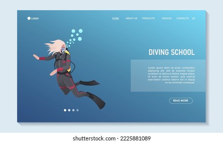 Scuba diving poster. Snorkeling template isometric concept. Traveling, touristic, sport activity, summer underwater hobby landing page for web design. Woman free diver in wetsuit. Vector illustration