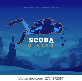Buceo. cartel con buceador submarino nadando en aletas. logotipo de identidad para el club de buceo