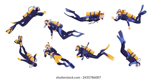 Scuba diving preparing for immersion on bottom of sea. Set of female and male divers in various positions. Concept of exploration and development. Isolated on white background. Vector illustration