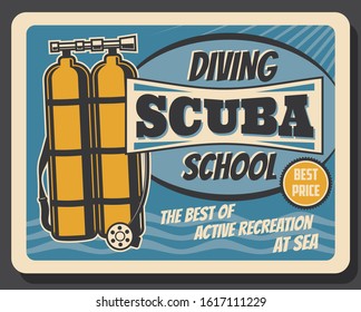 Scuba diving school, summer sea active recreation sport club vintage retro poster. Vector professional scuba diving equipment and underwater snorkeling sport accessories, diver oxygen balloons