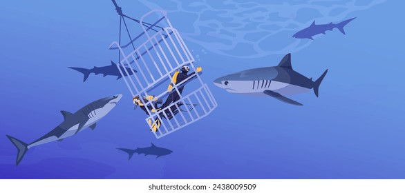 Scuba diving in the sea inside cage around sharks. Beautiful seascape fauna. Diver exploring ocean nature. Concept of exploration and development. Vector illustration