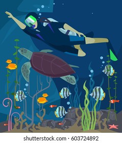 Scuba diving. Sea life. Vector flat cartoon illustration
