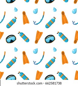 Scuba diving seamless pattern with attributes for snorkeling. Mask, snorkel, oxygen cylinders, flippers and water drops. Colorful flat illustration. Element for your summer design. Vector eps 10.