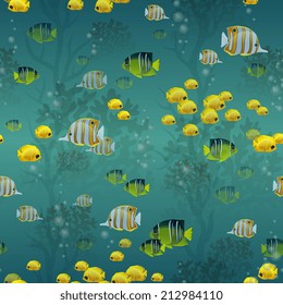 Scuba diving seamless pattern with fishes and coral underwater  vector illustration