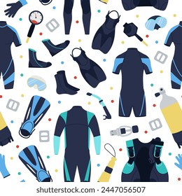 Scuba diving seamless pattern. Snorkeling hobby, underwater exploring elements. Tourist activity in ocean, suits and equipment decent vector background