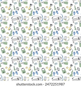 Scuba Diving seamless pattern. Snorkeling endless background. Vector flat line art illustration.