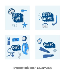 Scuba diving set of cards with elements, lettering  and equipment. Underwater activity symbols and accessories. Diver mask, aqualung and other gears. Vector illustration in doodle style.