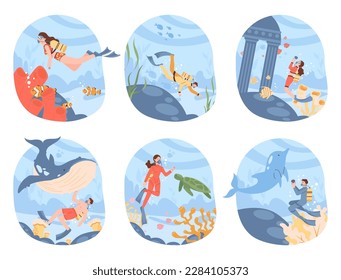 Scuba diving set. Character in diving mask swimming in sea or ocean, observing coral reef. Diver watching marine flora and fauna. Underwater recreational activity or sport. Flat vector illustration.