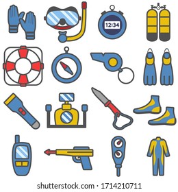 Scuba diving set color icons in flat style.Vector illustration.