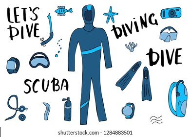 Scuba diving set of elements  and equipment. Underwater activity symbols and accessories. Diver wetsuit, scuba mask, aqualung and other gears isolated on white background. Vector illustration.