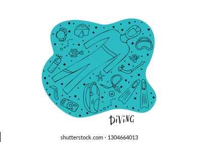 Scuba diving set of elements  and equipment. Underwater activity symbols and accessories. Diver wetsuit, scuba mask, aqualung and other items. Vector illustration.