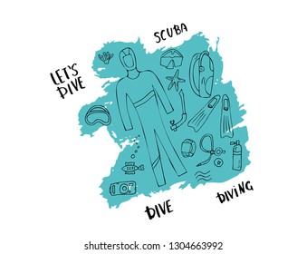 Scuba diving set of elements, lettering and equipment. Underwater activity symbols and accessories. Diver wetsuit, scuba mask, aqualung and other items. Vector illustration.