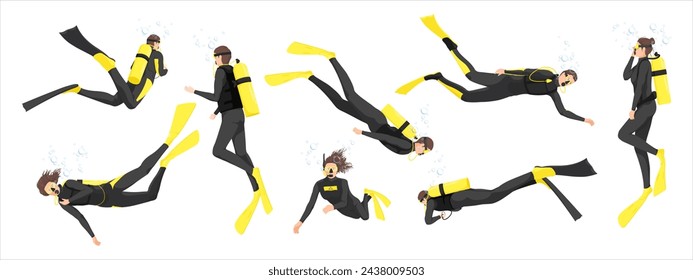 Scuba diving set. Set of female and male divers in various positions. Isolated on white background. Vector illustration