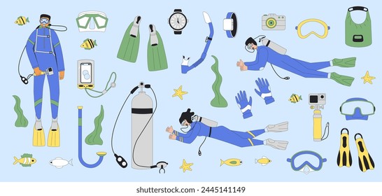 Scuba diving set. Men and women divers swimming in water suits, oxygen masks, tanks and equipment for scuba and snorkel. Line art vector illustrations isolated on white background