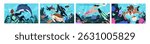 Scuba diving set. People swimming underwater with fishes. Divers with snorkel, goggles communicate with turtles, dolphin in sea. Freedivers take photo of seascapes in water. Flat vector illustrations