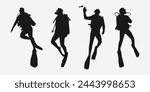 Scuba diving set silhouettes. Scuba diver, underwater sport. Isolated on white background. Vector illustration.