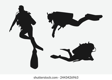 Scuba diving set silhouettes. Scuba diver, underwater sport. Isolated on white background. Vector illustration.