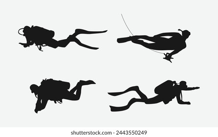 Scuba diving set silhouettes. Scuba diver, underwater sport. Isolated on white background. Vector illustration.