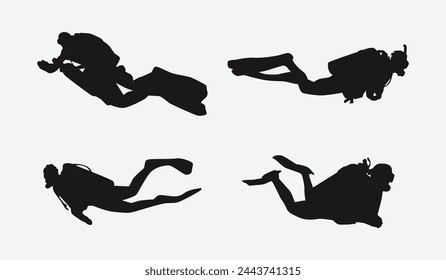 Scuba diving set silhouettes. Scuba diver, underwater sport. Isolated on white background. Vector illustration.