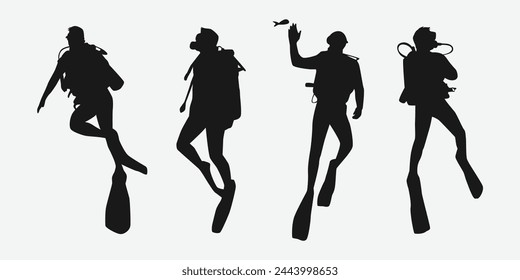 Scuba diving set silhouettes. Scuba diver, underwater sport. Isolated on white background. Vector illustration.