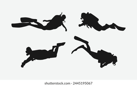 Scuba diving set silhouettes. Scuba diver, underwater sport. Isolated on white background. Vector illustration.