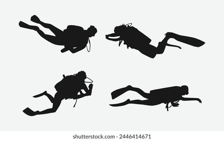 Scuba diving set silhouettes. Scuba diver, underwater sport. Isolated on white background. Vector illustration.