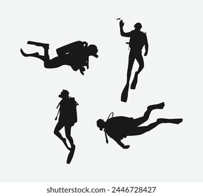 Scuba diving set silhouettes. Scuba diver, underwater sport. Isolated on white background. Vector illustration.