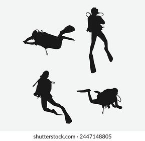 Scuba diving set silhouettes. Scuba diver, underwater sport. Isolated on white background. Vector illustration.