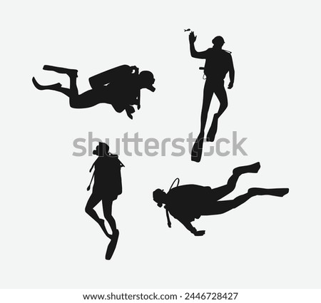 Scuba diving set silhouettes. Scuba diver, underwater sport. Isolated on white background. Vector illustration.