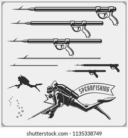 Scuba diving set. Underwater swimming and spearfishing emblems and design elements.