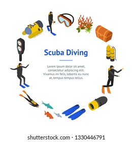 Scuba Diving Signs 3d Banner Card Circle Isometric View Include of Snorkel and Mask. Vector illustration of Underwater Sport Icon
