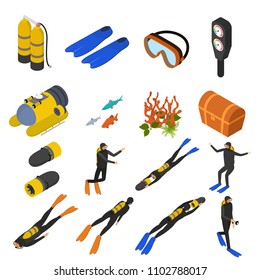 Scuba Diving Signs 3d Icons Set Isometric View Include of Snorkel and Mask. Vector illustration of Underwater Sport Icon